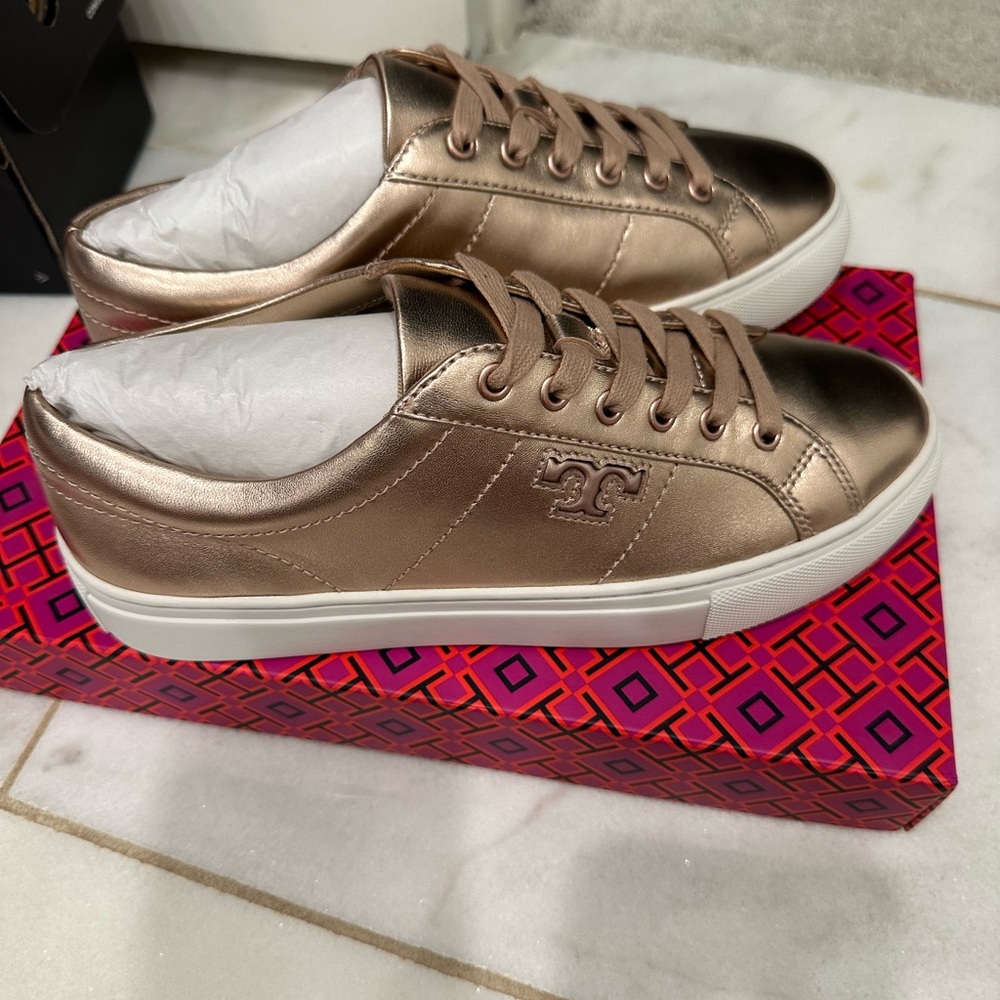 Brand new Tory Burch rose gold sneakers